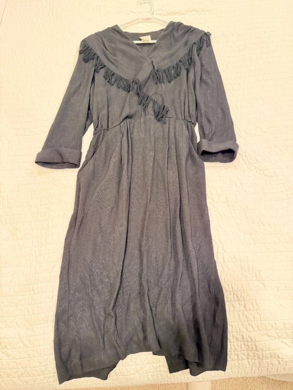Vintage Kwai Dress Charcoal Gray Fringe Collar Textured Midi Made USA Size 8-10